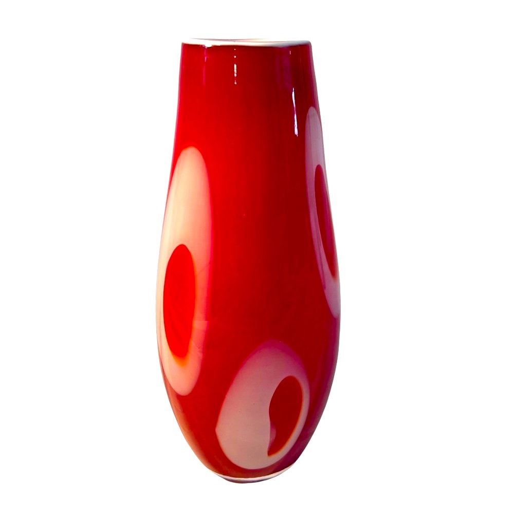 CRAZY ABOUT THIS RED ART GLASS HAND BLOWN VASE WITH WHITE STRETCH CIRCLES